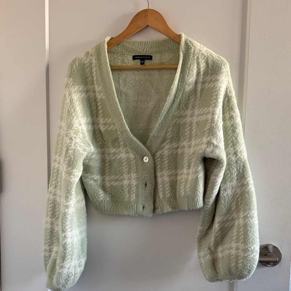 Kendall & Kylie Soft Green Plaid Cardigan